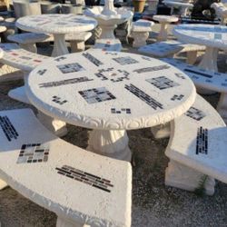 Concrete Mosaic Picnic Table with 3 Benches/ Outdoor Patio Furniture