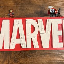 Lego marvel logo and mini figures
