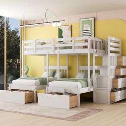 Unboxed Full Over Twin & Twin Bunk Bed, Solid Wood Triple Bunk Bed with Storage Drawers and Staircase