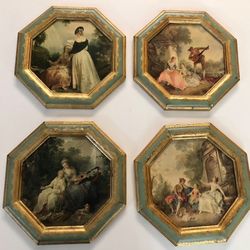 Vintage Florentine Italian Giltwood Wall Decor, Large 10”x10”-4 Different Scenes. Made In Italy