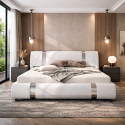 King Bed Frame with Adjustable Headboard and Iron Pieces Decor, Luxury Faux Leather Modern Bed with Wood Slat Support, No Box Spring Needed, White