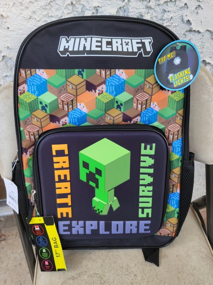Minecraft creeper light up 17' backpack new with tags