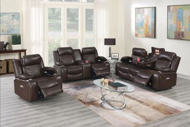 Brand New 3pc  Brown Leather Power Reclining Sofa Set