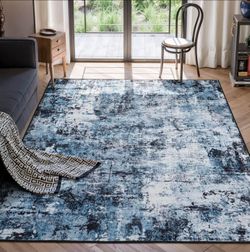 5x7 Area Rug Non-Slip Low Pile Navy Carpet Soft Washable Living Room Bedroom