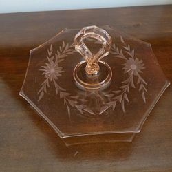 Lancaster 1930s Pink Depression glass hexagonal serving tray with etched floral pattern and center handle