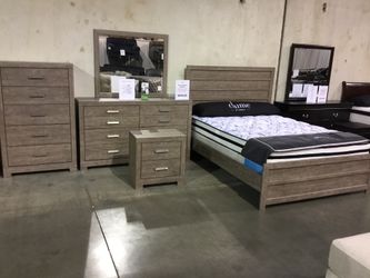 Faded Brown - 4 Piece Bedroom Collection Set (Mirror, Dresser, Nightstand & Queen Bed Frame)