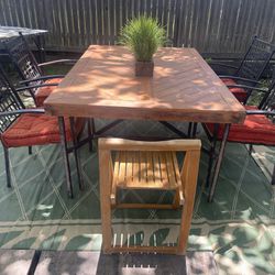 Teak and Aluminum outdoor patio furniture set table and six chairs 