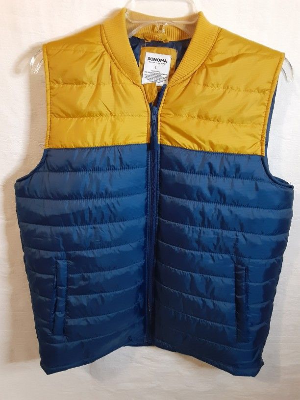 Sonoma Quilted Puffer Vest Men’s Size L Blue Yellow Sleeveless Lightweight
