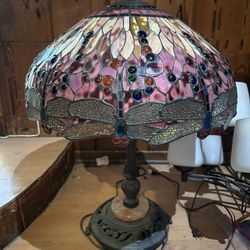 Handmade Tiffany-Style Stained Glass Dragonfly Lamp (Pink & Yellow)