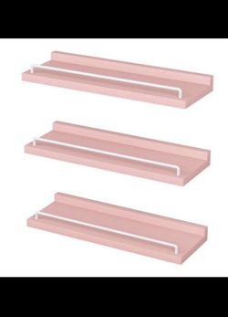 Pink and White Floating Shelves with Metal Rail, Decorative Wall Shelf SET OF 3