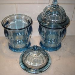 Vintage Indiana Glass Azure blue heavy paneled candy apothecary jars with lids