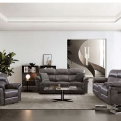 Brand New Dark Grey Leather 3pc Reclining Sofa Set