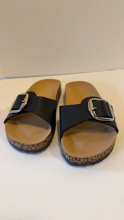 Black Buckle Slide Sandals with Cork Footbed Womens Size 38