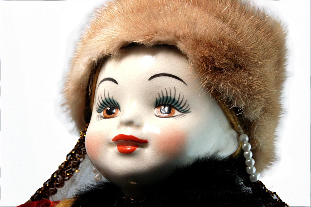RARE Vintage Porcelain Russian Doll - White Porcelain Collectible Doll -MINK Fur Hat - RED Satin Dress - Blonde Yarn Hair- Folk Toys