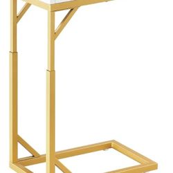 -Shaped End Table, Small Sofa Table with Metal Frame, Adjustable Height Side Table for Couch, Living Room, Bedroom, Bedside (Gold, Small)
