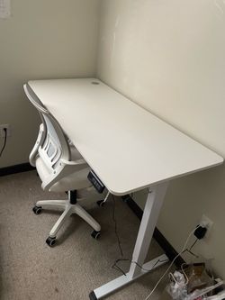 Electric Height Adjustable Standing Desk Large 55 x 24 Inches Sit Stand up Desk Home Office Computer Desk, White/ White Chair