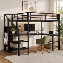 Ailinor Full Size Metal Loft Bed with L-Shaped Desk, Wardrobe and Storage Stairs