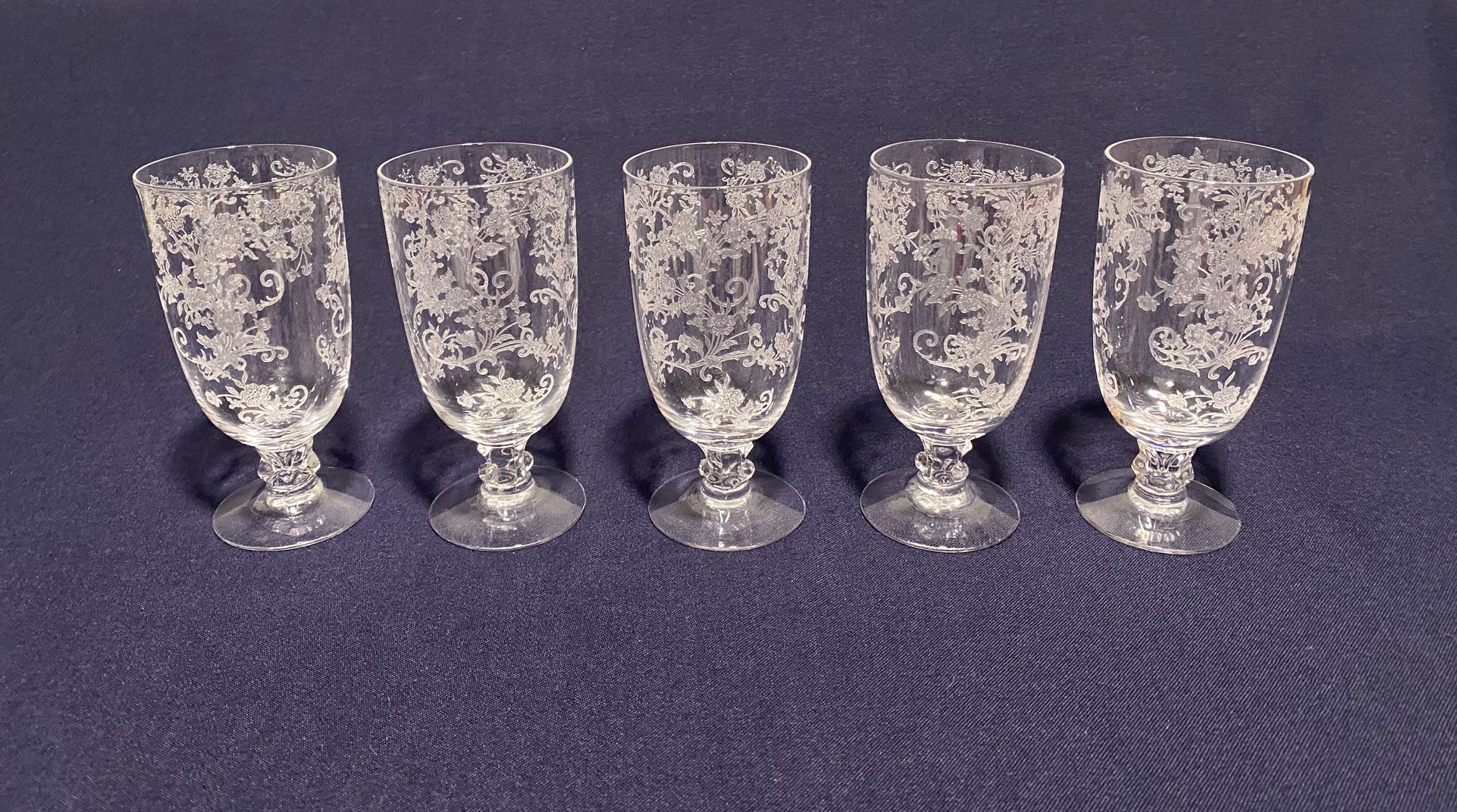 Vintage 5 Juice Stem Glasses-Buttercup Etching Pattern-Fostoria Glass