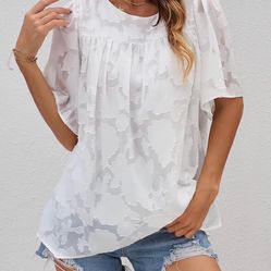 Women's Size L Short Sleeve Shirts Round Neck Lace Tunic Tops Soft Ruffle Pleated Chiffon Blouses