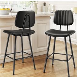 24-Inch Leather Bar Stools Set of 2, Counter Height Barstools with High Backrest 
