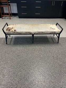 Real Cowhide & Black Metal Accent Bench - Industrial / Modern Rustic