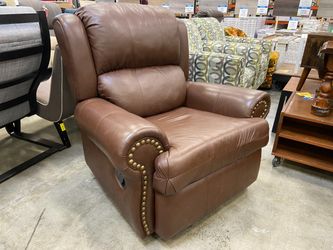 Brown Leather Manual Reclining Rocking Armchair w/ Nailhead Trim