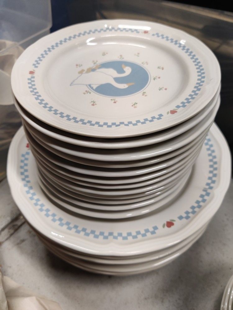 24 Pcs 12 Dinner 12 Salad Plates MOONLIGHT STONEWARE GOOSE GEESE THAILAND