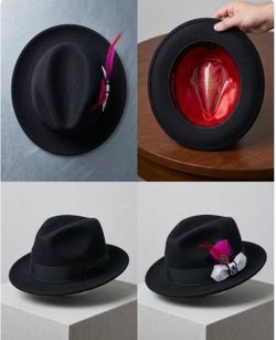 Ferrecci Black Wool Fedora Hat with Feather