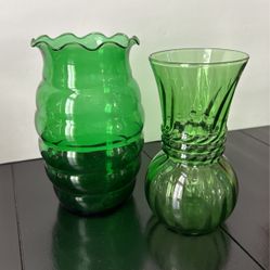 Vintage Forest Green Glass Vases - Pair