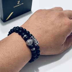 Zorrata Silver Lion Stack Bead Bracelets