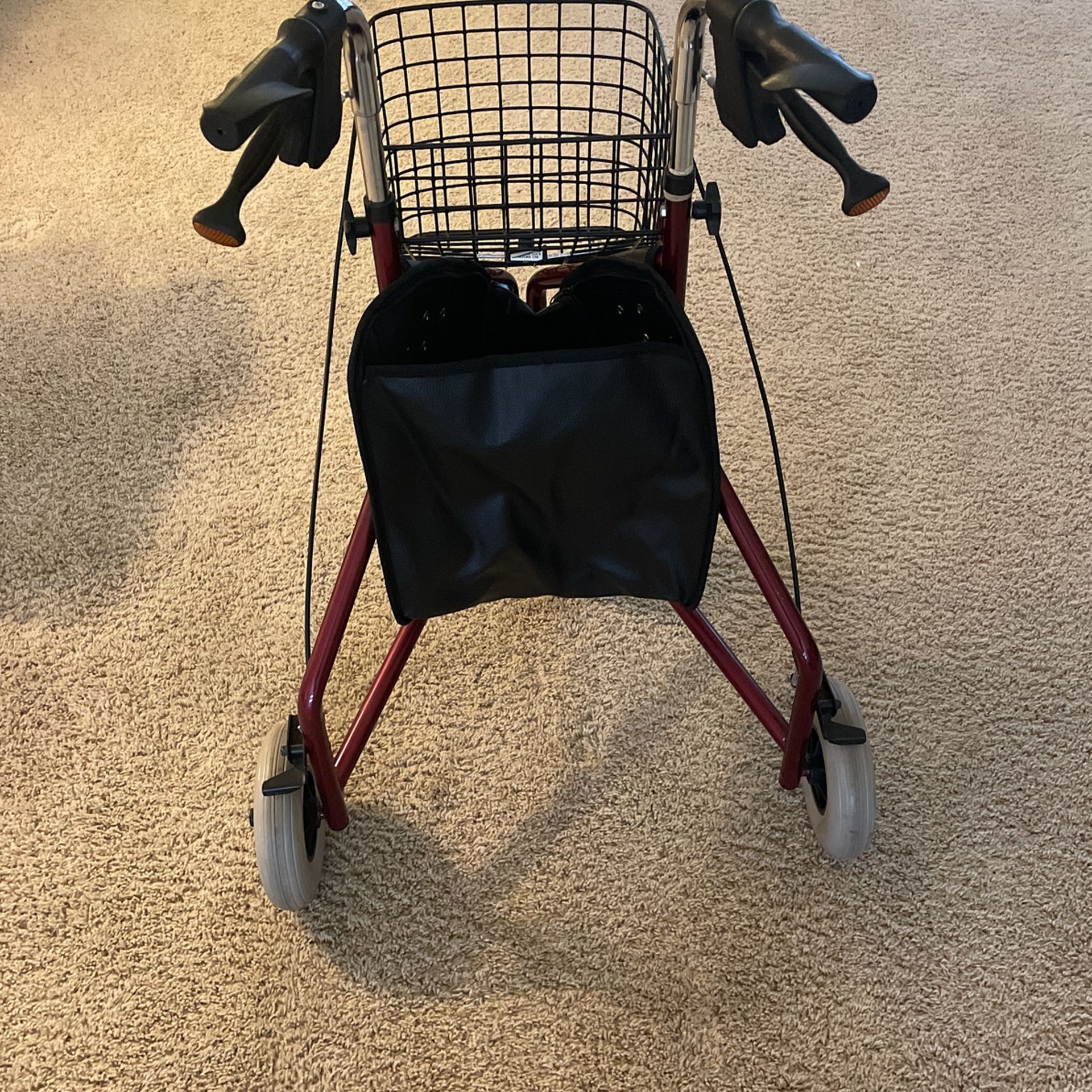 Walker - Three Wheel Maroon Walker With Basket