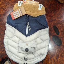 Arcadia Trail Ultra Adjustable Insulated Dog Coat Heat Retaining Sherpa Collar Size Medium Blue/Grey