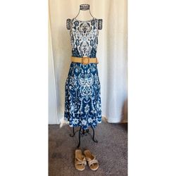 Blue and White Floral Print Midi Dress