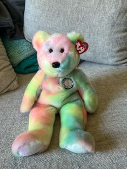TY Birthday Bear Beanie Buddies 14" Tie Dye Pastel Rainbow Happy Birthday Bear