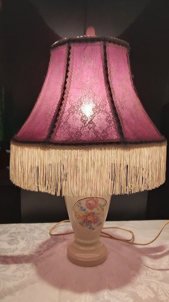 Gorgeous Vintage Porcelain Table Lamp With Victorian Style Fringed Shade 