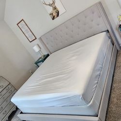 King Bed Frame, Grey, With Nailhead Details