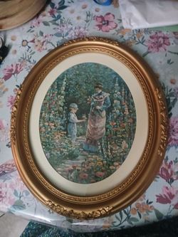 Vintage Oval Framed Garden Scene Art