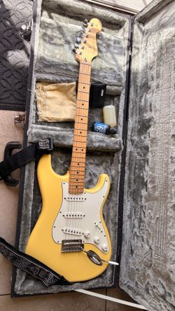 Fender strat w case and pedals + misc. items