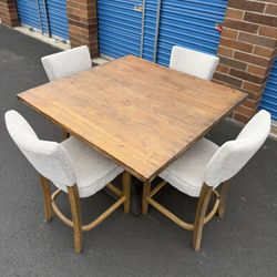Rustic High Square Table Set with 4 Upholstered Bar Chairs – Solid Wood Top & Heavy Base