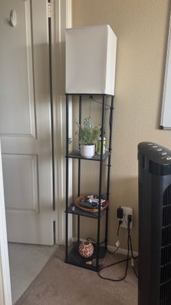 Modern Black Floor Lamp with Shelves and Rectangular Fabric Shade