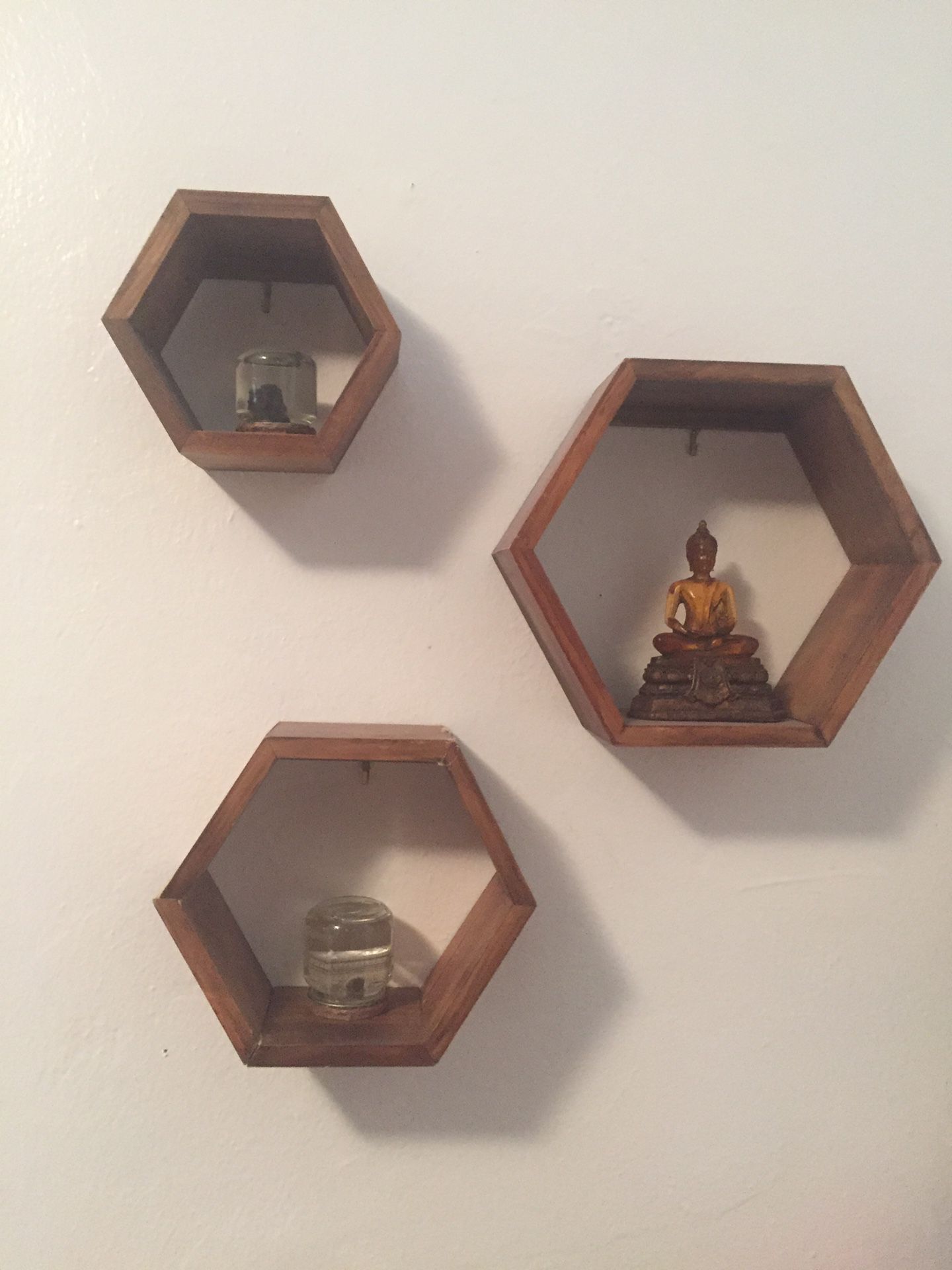 Wall art wood shelves hexagon set of 3 light dark bamboo