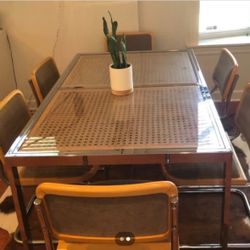 Milo Baughman Style, Steel and Glass Dining Table cane