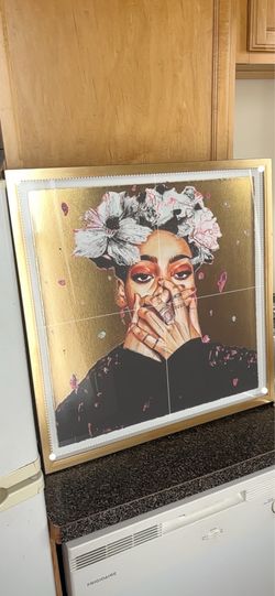 Framed Mixed Media Art Print | Black Woman Gold Leaf Portrait | 24x24 Approx
