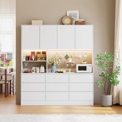 New Heavy Duty Kitchen Pantry Storage Cabinet With Charging Station, 70.87" W Kitchen Hutch Cabinet With Countertop, Food Pantry With Drawers & Shleve