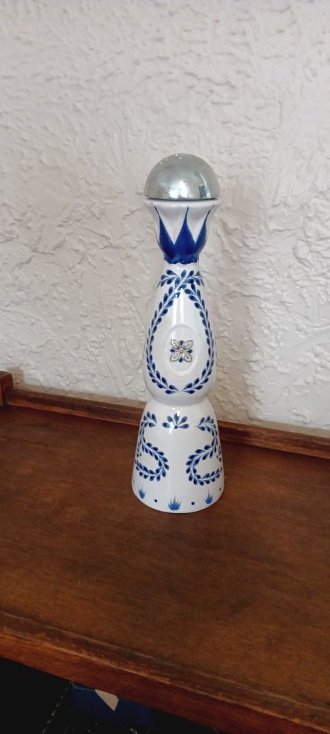 Empty Blue & White Porcelain Chase Azul Tequila Bottle. 18", Nice Condition