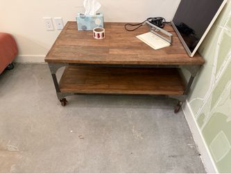 Industrial Wood & Metal Coffee Table / TV Stand (2-Tier, Casters)