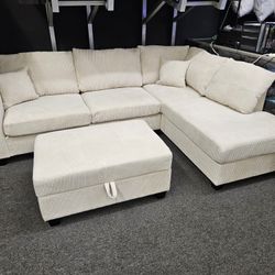 Brand NEW 3 PCS SECTIONAL BEIGE CORDUROY STORAGE OTTOMAN & TYPE C & USB OUTLET $649