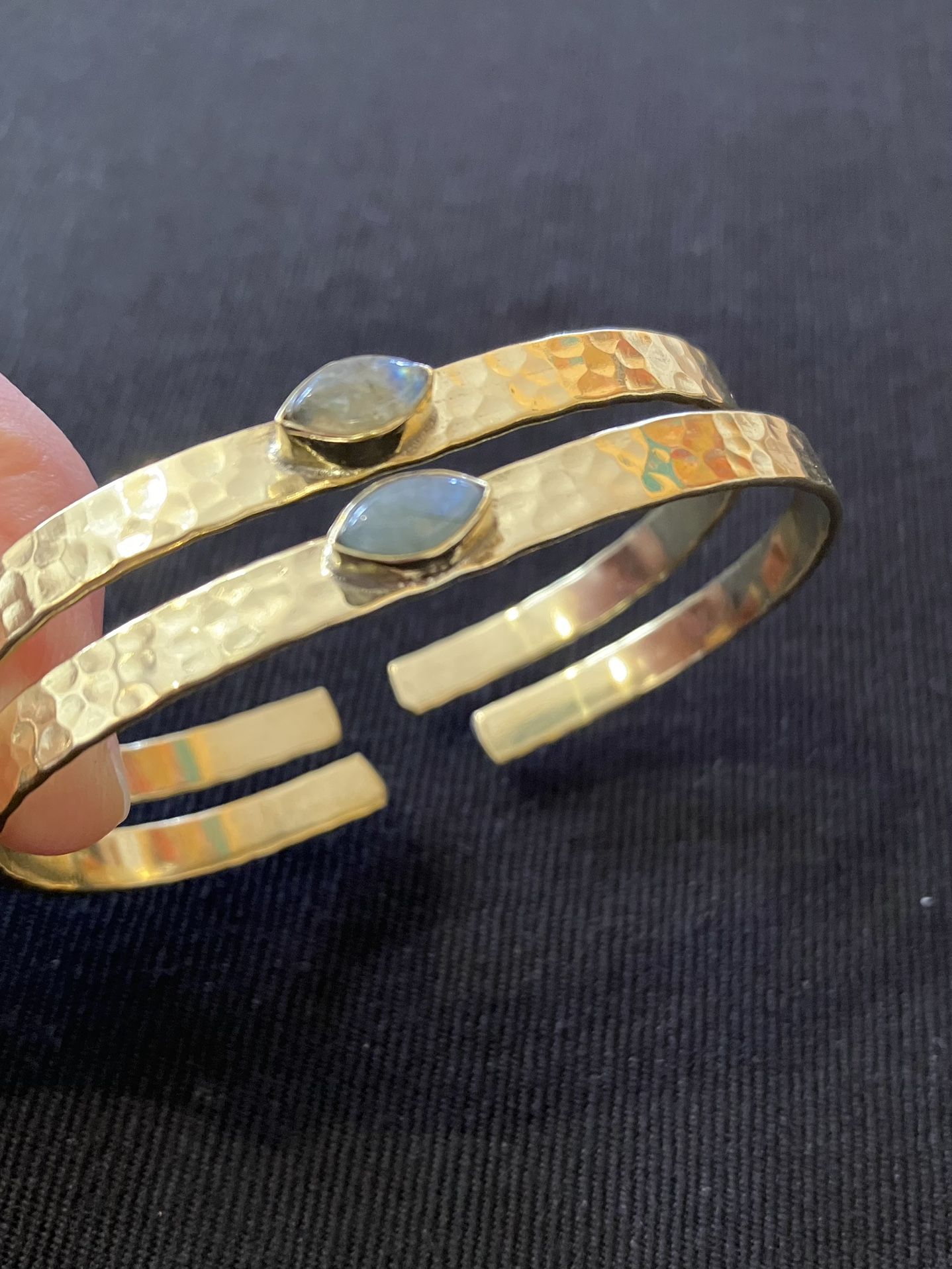 Hammered Brass Cuff Bracelets with Labradorite Gemstone Accent