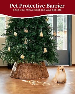 New In Box 28in Christmas Tree Collar - Woven Hyacinth Tree Collars for Artificial Trees - Rattan Rustic Farmhouse Basket for Tree Base Cover with Cor