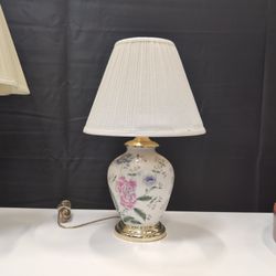 White Floral Ceramic Table Lamp with Pleated Shade